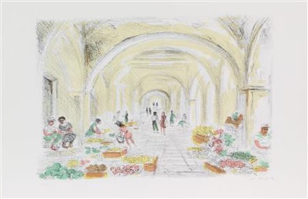 Michele Cascella, Mercato a Portofino, litografia su carta, cm. 44,5x76,5,...