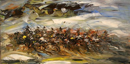 Mario Falchi, Carica di Cavalleria, 2016, olio su tela, cm. 50x100, firmato...