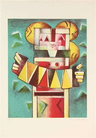 Ibrahim Kodra, Musicanti, (1980), litografia su carta, cm. 70x50, es....