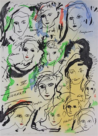 Ernesto Treccani, Decameron (III e IV Giornata), litografia su cartoncino,...