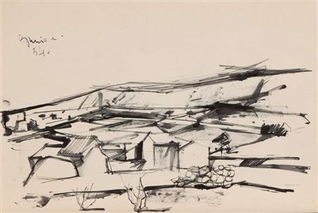 PIERO GUCCIONE (Scicli 1935) Paesaggio Siciliano, 1954 Penna e feltro nero su...