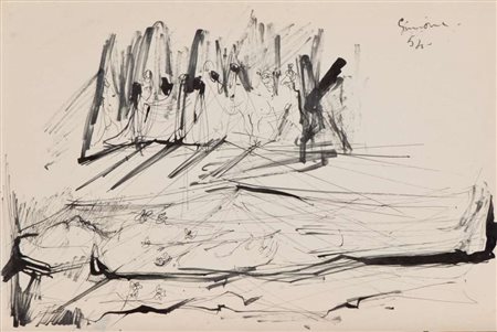 PIERO GUCCIONE (Scicli 1935) La veglia, 1954 Penna e feltro nero su carta,...