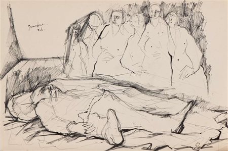 PIERO GUCCIONE (Scicli 1935) La veglia, 1954 Penna e feltro nero su carta,...