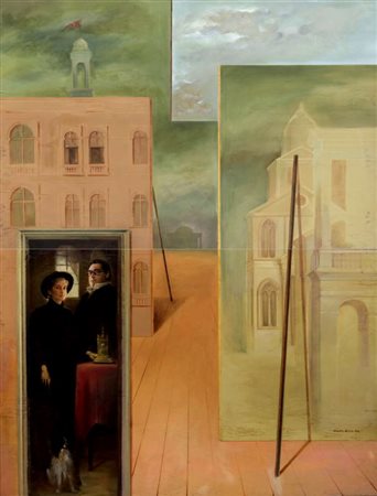GIULIANO GELENG (Roma 1949) Interno con figure, 1984 Tempera su compensato,...