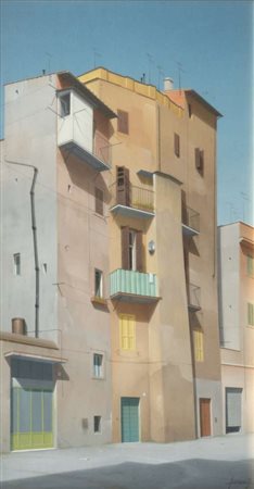 DOMENICO LUCIANI (Frascati 1929 - Roma 2001) Case Olio su tela, cm. 55 x 29...