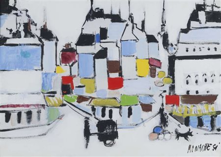 SANTE MONACHESI (Macerata 1910 - Roma 1991) Paesaggio di Parigi con organetto...