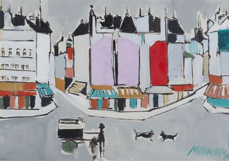 SANTE MONACHESI (Macerata 1910 - Roma 1991) Paesaggio di Parigi con organetto...