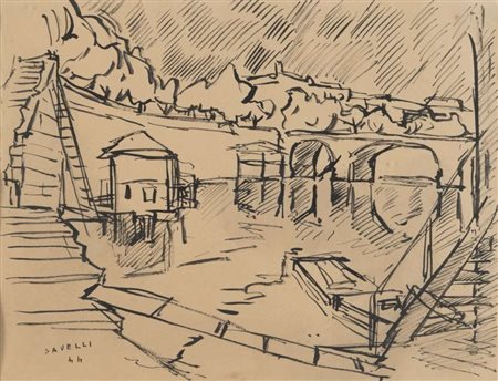 ANGELO SAVELLI (Pizzo 1911- Brescia 1995) Lungotevere, 1944 China su carta,...