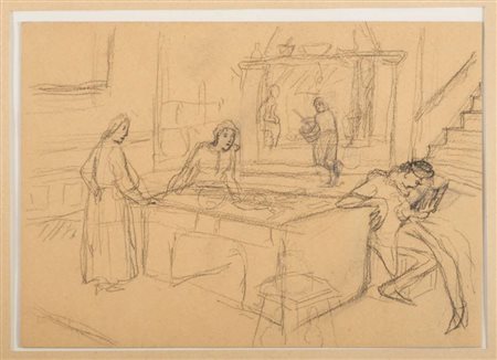 PITTORE ITALIANO DEL NOVECENTO Figure in interno di cucina Matita su carta,...
