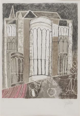 FRANCO GENTILINI (Faenza 1909 - Roma 1981) Cattedrale Litografia a colori,...