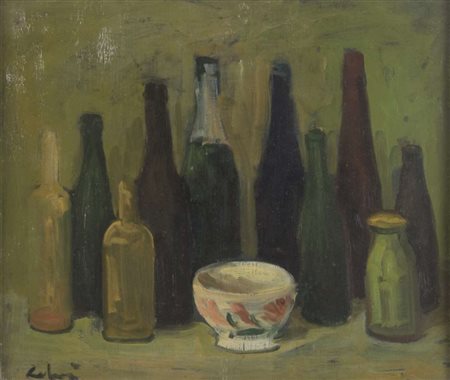 PITTORE DEL NOVECENTO Natura morta con bottiglie Olio su tavola, cm. 50 x 60...