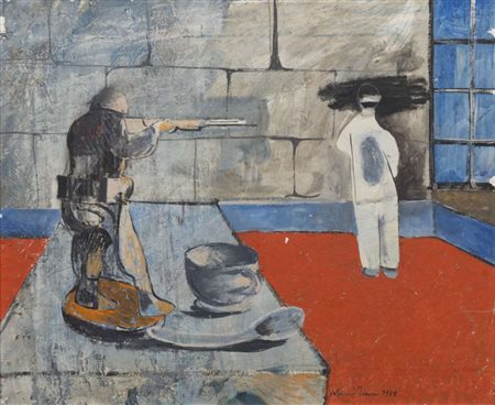 MARIO ZANINI (San Paolo 1907 - 1971) Esecuzione, 1969 Olio su tela, cm. 49 x...