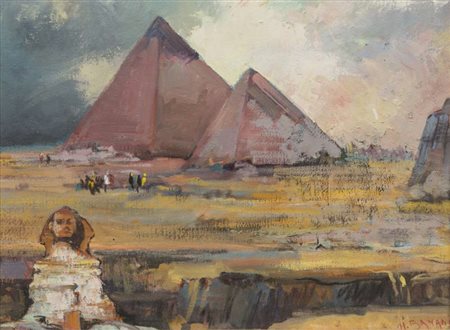 HOSNI EL BANANI (Egitto 1912 - 1989) Le piramidi Tecnica mista su carta, cm....