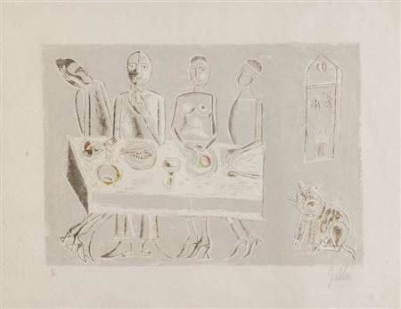 FRANCO GENTILINI (Faenza 1909 - Roma 1981) Famiglia Litografia a colori, ex....