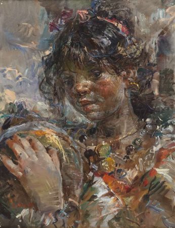 GIACOMO MORETTI (Napoli 1939) Fanciulla Olio su tela, cm. 45,5 x 35 Firma in...