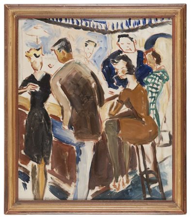 PITTORE DEL NOVECENTO Figure al bar Olio su cartone telato, cm. 65 x 54 Firma...