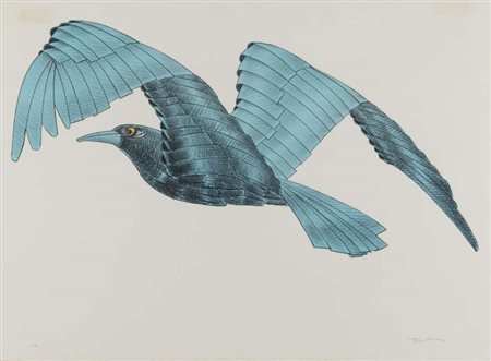 ALDO TURCHIARO (Celico 1929) Uccello blu Litografia a colori, ex. PA Misure...