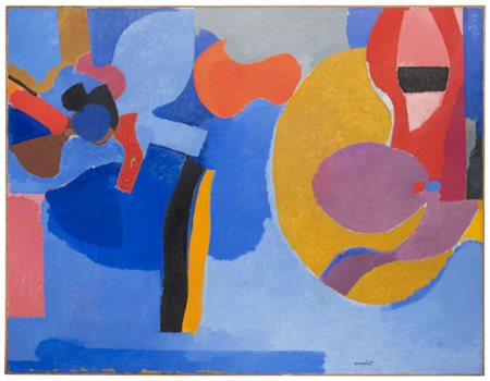 ANTONIO SCORDIA (Santa Fè 1918 - Roma 1989) Tranche de vie azzurra, 1983 Olio...