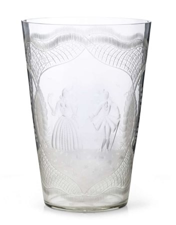 GRANDE VASO IN VETRO, INIZI XX SECOLO decorato con personaggi in abiti...