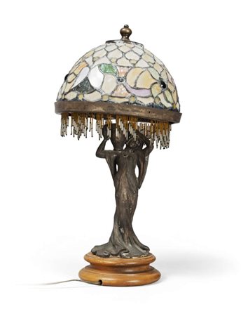 LAMPADA DA TAVOLO DECÒ con cappello in vetro piombato e fusto in metallo...