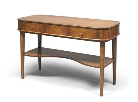 TAVOLO SCRIVANIA IN FAGGIO DECÓ, ANNI '40 a due cassetti con gambe coniche....