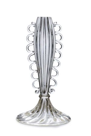 PORTAFIORI IN VETRO, MURANO ANNI '30 con corpo rudentato e costolature...