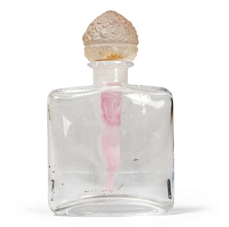 BOTTIGLIA PORTAPROFUMO IN VETRO, XX SECOLO con tappo in vetro satinato...