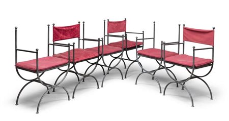 SEI POLTRONE IN GHISA, XXI SECOLO con tappezzeria in velluto e stoffa porpora...