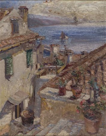 GIOVANNI STRADONE (Nola 1911- Roma 1981) Scorcio di paese Olio su compensato,...