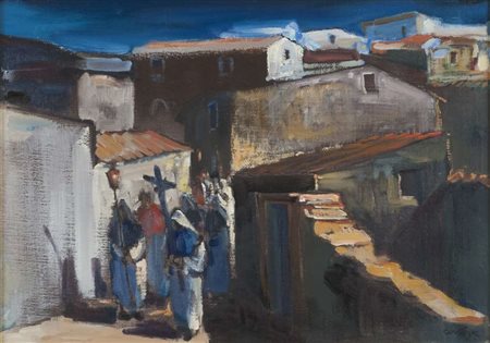 PITTORE ITALIANO DEL NOVECENTO Processione Olio su tela, cm. 50 x 70 Firmato...
