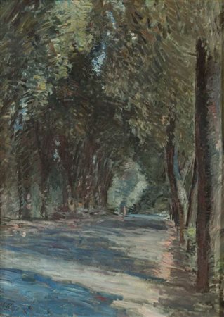 PAULO GHIGLIA (Firenze 1905 - Roma 1979) Viale alberato Olio su tela, cm. 70...