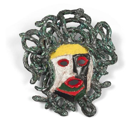 MASCHERA DI MEDUSA IN CERAMICA POLICROMA INVETRIATA, ANNI '50 con volto...