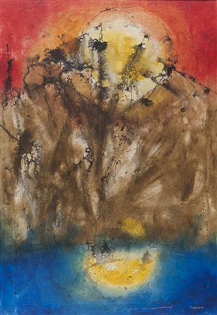 LORENZO INDRIMI (Roma 1930 - 2013) Tramonto sul lago, 1958 Olio su tela, cm....