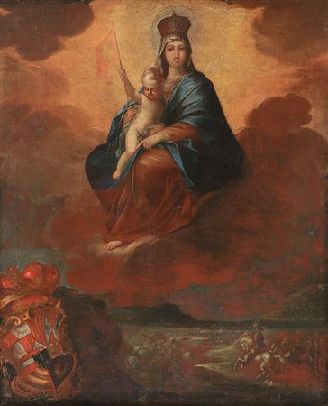 Scuola napoletana sec XVIII Madonna col bambino e scorcio di battaglia Olio...