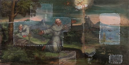 Dipinto sec XVIII Paesaggio con frati Olio su tavola m 77x40