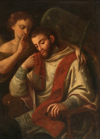 Scuola italiana a sec XVIII Santo con angelo Olio su tela cm 96x71