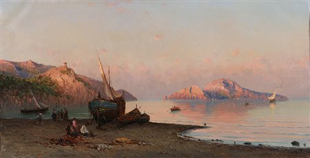 Alessandro La Volpe (Lucera 1820-Roma 1887) Marina con pescatori Olio su tela...