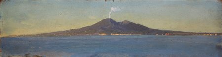 Scuola napoletana sec XIX Marina con Vesuvio Olio su tavoletta cm 11x32