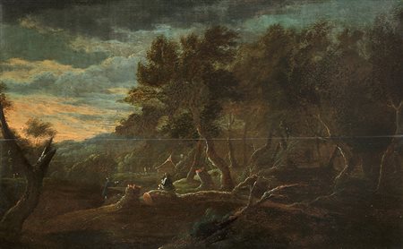 Scuola fiamminga sec XIX Paesaggio Olio su tavola cm 39x24