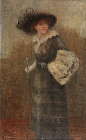 Gustavo Valentini (1846-1926) Figura di donna con ombrellino Olio su...