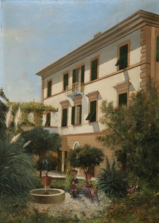 Scuola Italia meridionale sec XIX Veduta di villa con paesaggio Olio su tela...