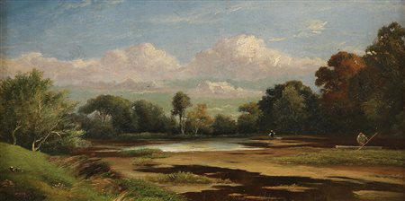Karl Daubigny (1846-1886) Paesaggio lagunare Olio su tela cm 20x40 (Firmato...