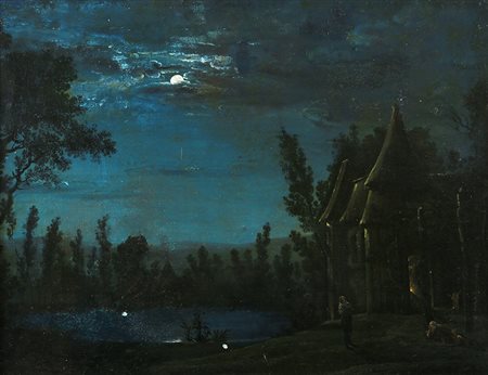 Dipinto sec XIX Paesaggio notturno Olio su tela cm 34x45,5