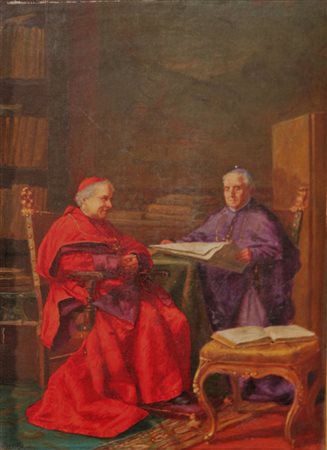 Dipinto sec XIX (firmato G. Moretti) Interno con prelati Olio su cartone cm...