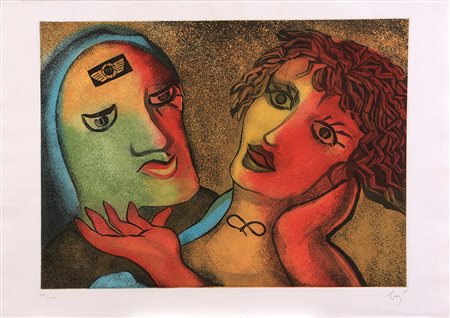 ENRICO BAJ Milano 1924- Varese 2003 " Amanti " acquaforte-acquatinta su carta...