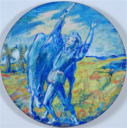 Aligi Sassu, Milano 1912 - 2000, Don Chisciotte, (1964), Olio su cartone, cm....