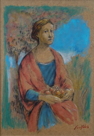 Domenico Purificato, Fondi 1915 - Milano 1984, Donna seduta, Tecnica mista su...