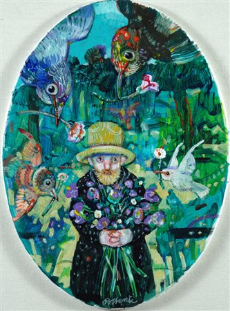 Antonio Possenti, Lucca 1933 - 2016, In giardino, Olio su tela (ovale), cm....