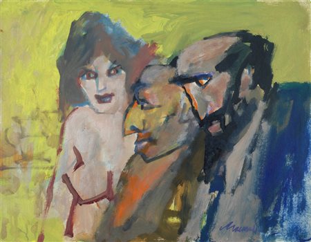 Mino Maccari, Siena 1898 - Roma 1989, Figure, Olio su cartoncino, cm. 35x45,...