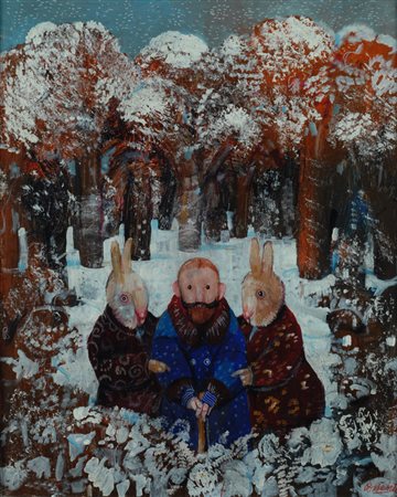 Antonio Possenti, Lucca 1933 - 2016, D'inverno con due badanti, Olio su...